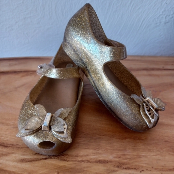 Mini Melissa Gold Glitter Butterfly Mary Janes Size 9 - Picture 8 of 11